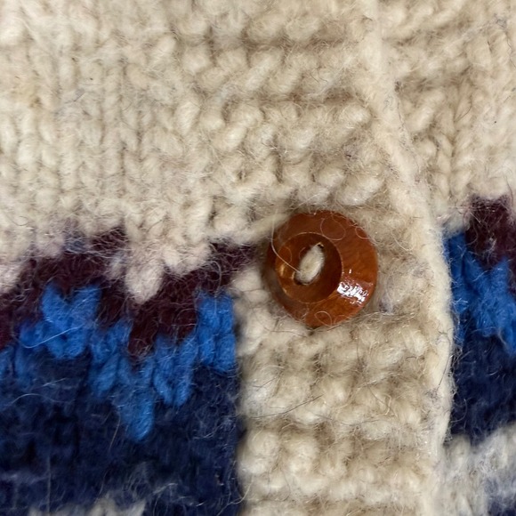Ecuador Wool Cardigan Sweater Cream Blue Handknit Nordic Button Front Women L - Picture 6 of 7